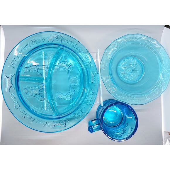 Tiara Other - Vintage Tiara Glass Mother Goose 3 Piece Nursery Rhyme Dish Set Aqua Blue EUC
